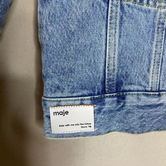 Maje Vavini Denim Jean Blue Jacket Cropped Patch Detail Size M - Picture 7 of 14